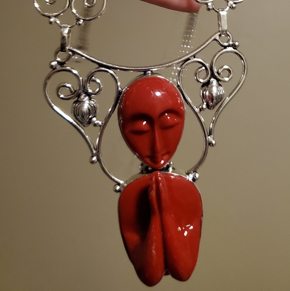 New Carved Praying Goddess Multi Gemstone 925 Silver Necklace. - Picture 4 of 6